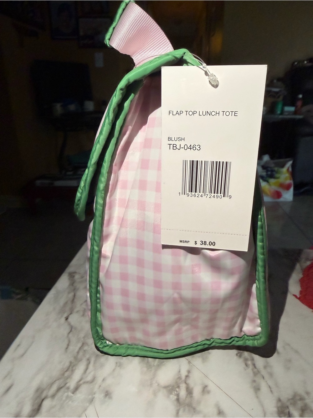 Betsey Johnson Pink Gingham Insulated flap top Handle Lunch Tote Bag Green Trim - Picture 2 of 4